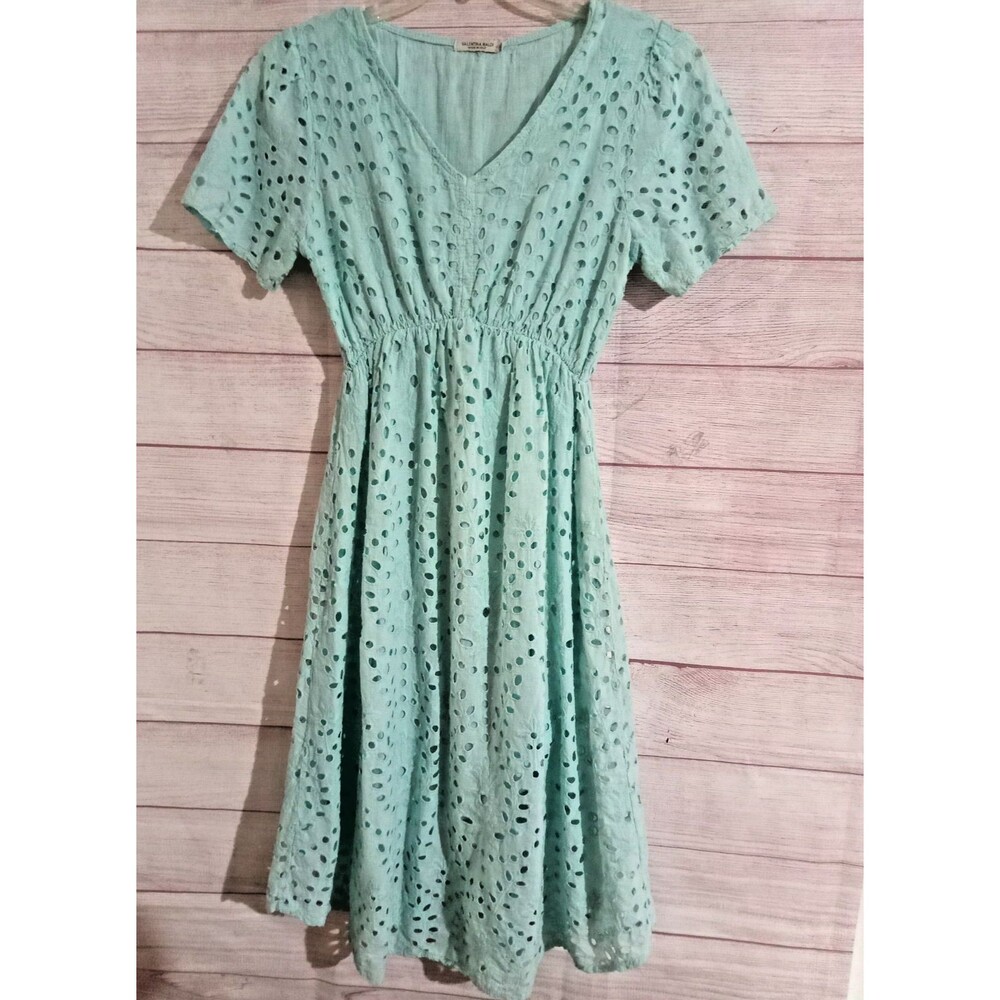 Valentina Naldi Dress Women's Size Medium  Green Eyelet Elastic Waist Dress